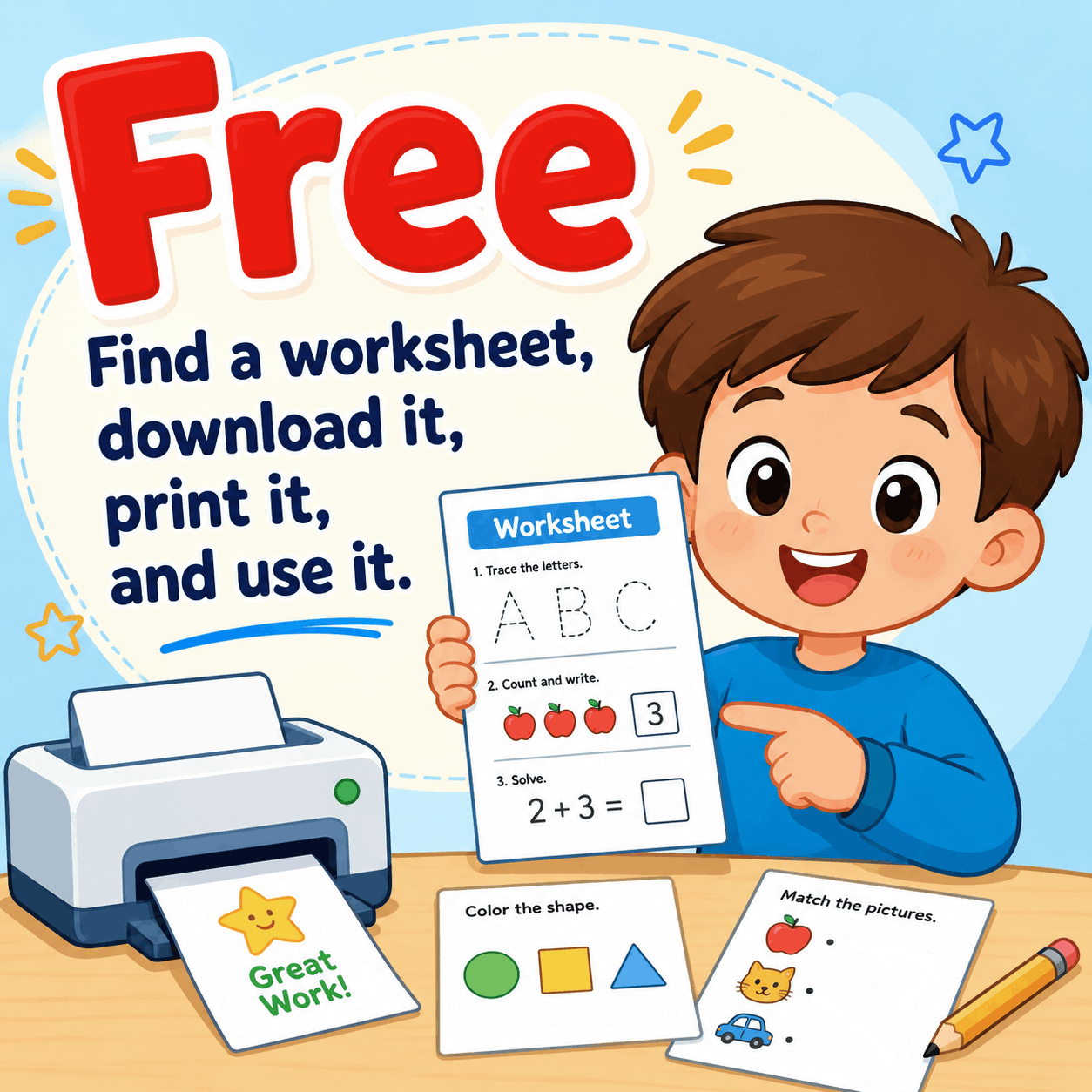 Happy child holding printable worksheets with the message “Find a worksheet, download it, print it, and use it.” for Kids Lolo’s free worksheet resources.