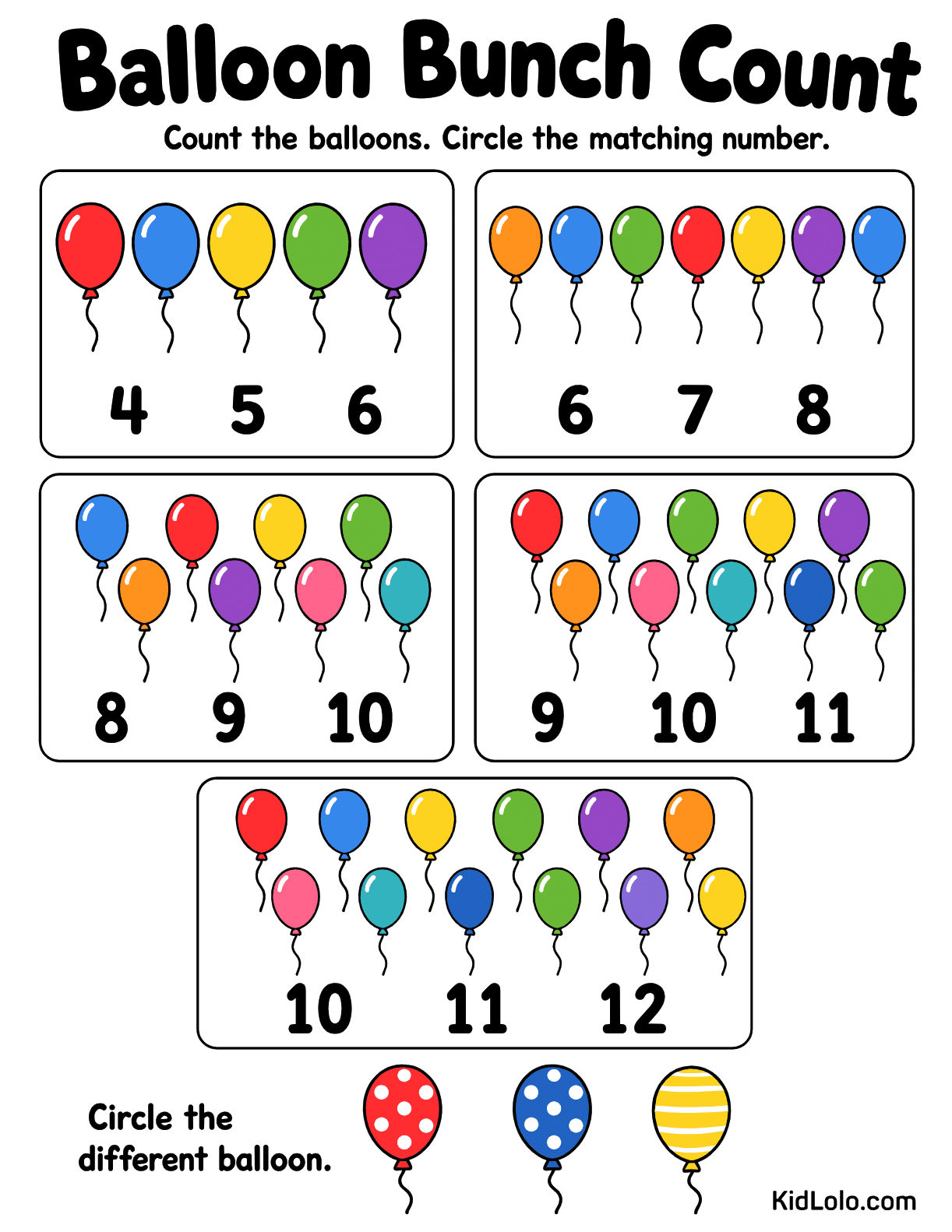 Number recognition worksheet with balloon groups and matching number choices to circle.