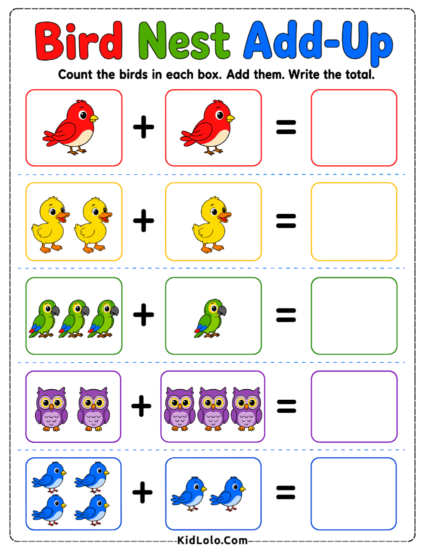 Bird addition worksheet with colorful birds in boxes and empty sum spaces.