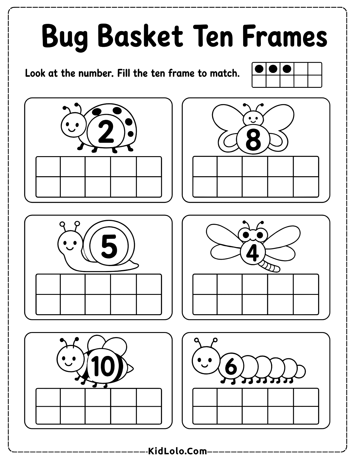 Number recognition worksheet with bug pictures and ten frames for numbers 2, 4, 5, 6, 8, and 10.