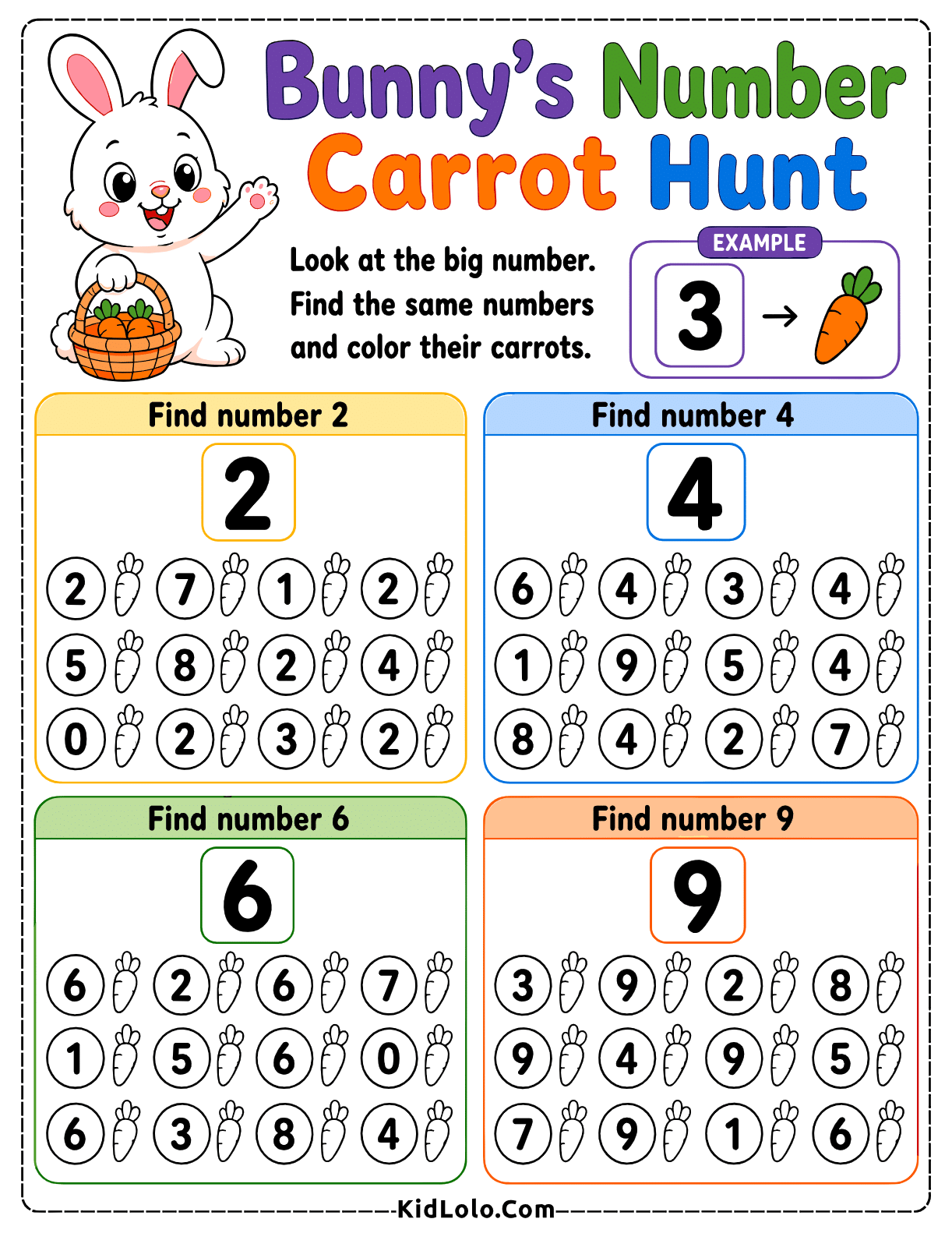 Number recognition worksheet for finding numbers 2, 4, 6, and 9 and coloring matching carrots.