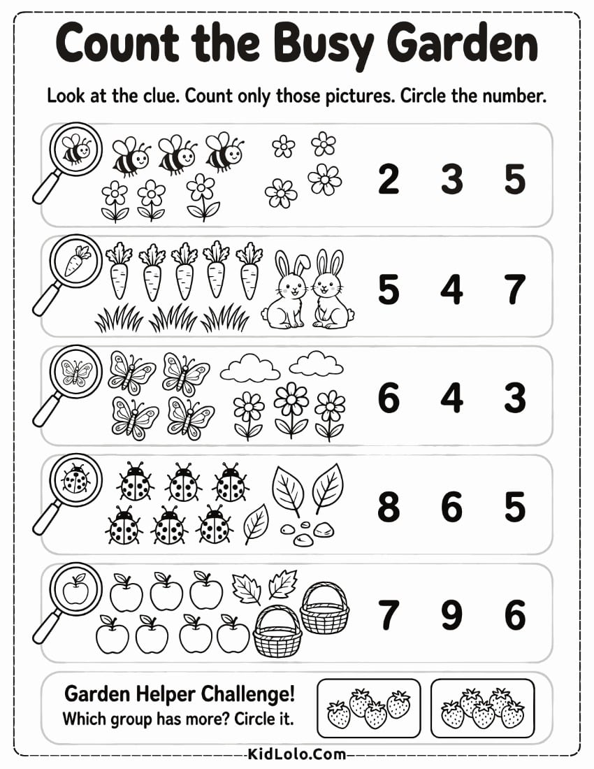 Garden counting worksheet for finding matching objects and circling numbers.