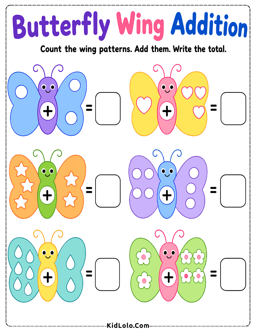 Butterfly addition worksheet with wing patterns and boxes for totals.