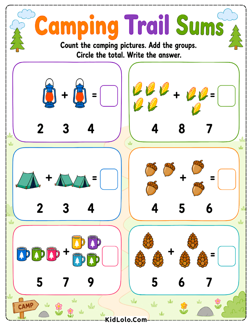 Camping picture addition worksheet with outdoor items and multiple choice totals.
