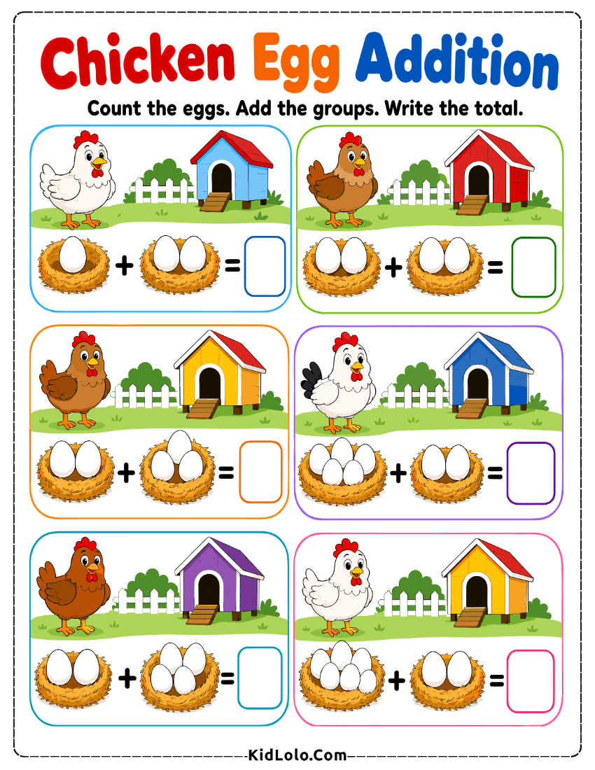 Chicken egg addition worksheet with nests, eggs, and blank answer boxes.