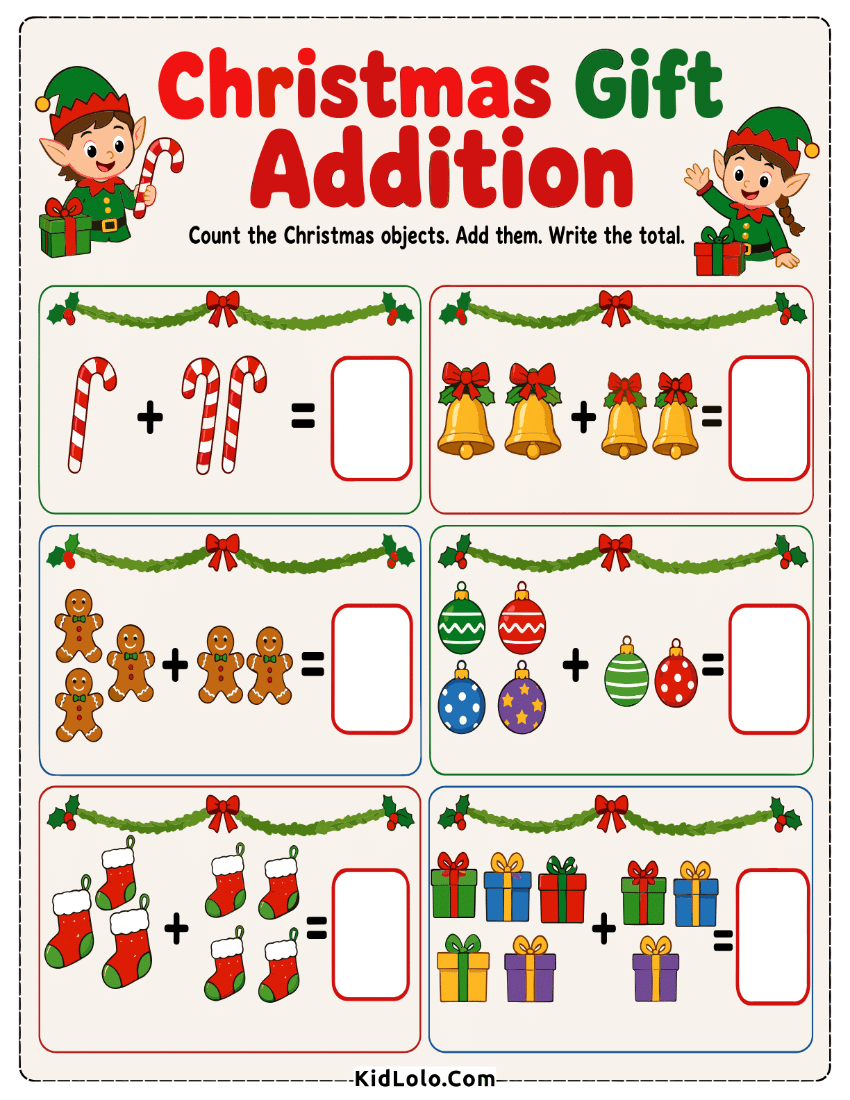 Christmas addition worksheet with holiday objects and blank boxes for totals.