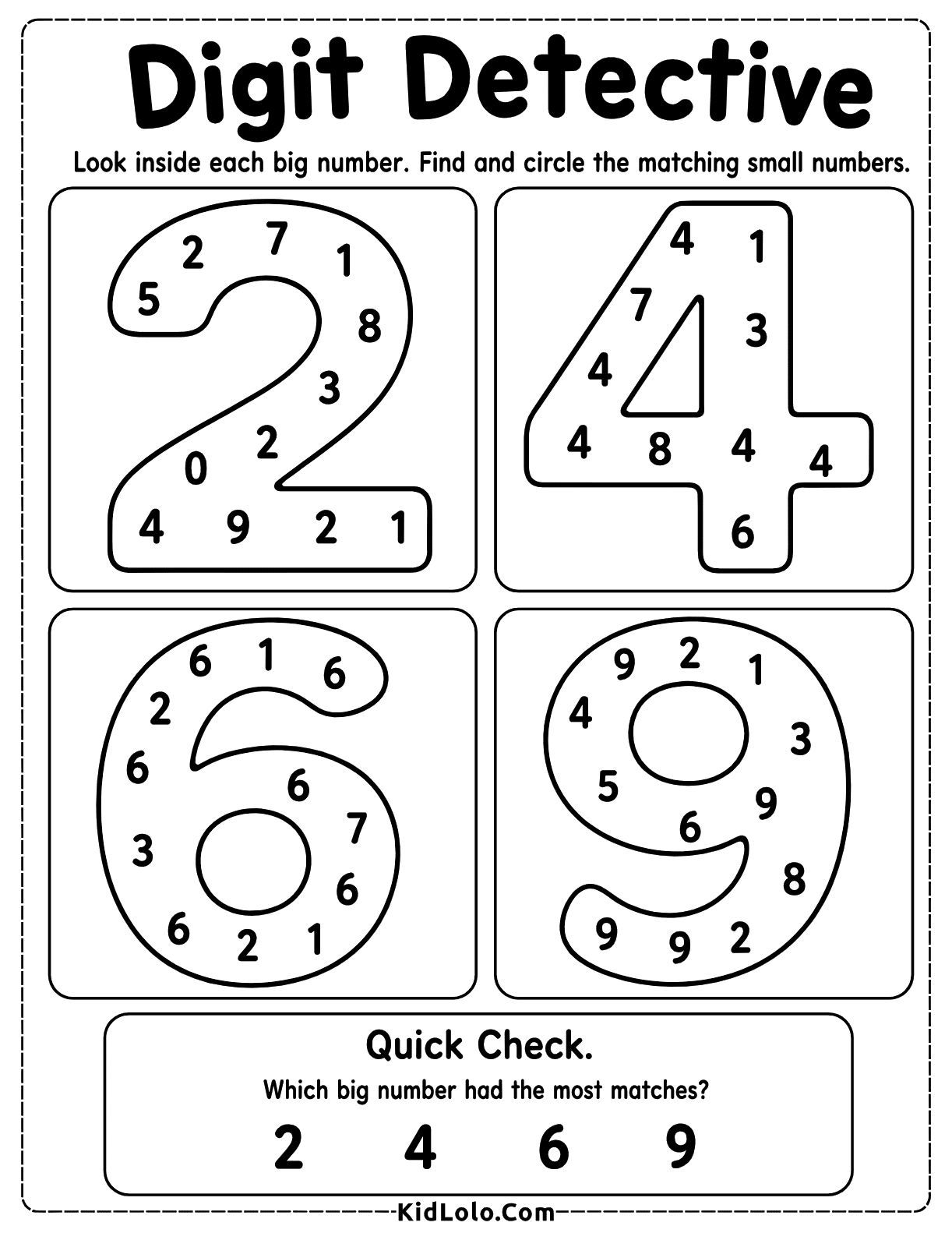 Kindergarten digit recognition worksheet with large numbers 2, 4, 6, and 9 filled with small numbers to circle.