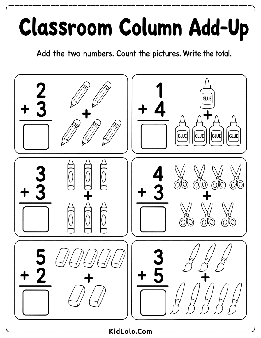 Classroom column addition worksheet with school supplies and picture support.
