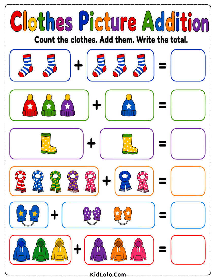 Clothes addition worksheet with clothing pictures and blank boxes for totals.