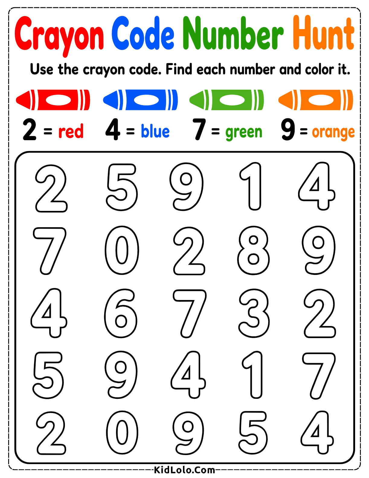 Kindergarten number recognition worksheet with a crayon color code for numbers 2, 4, 7, and 9.
