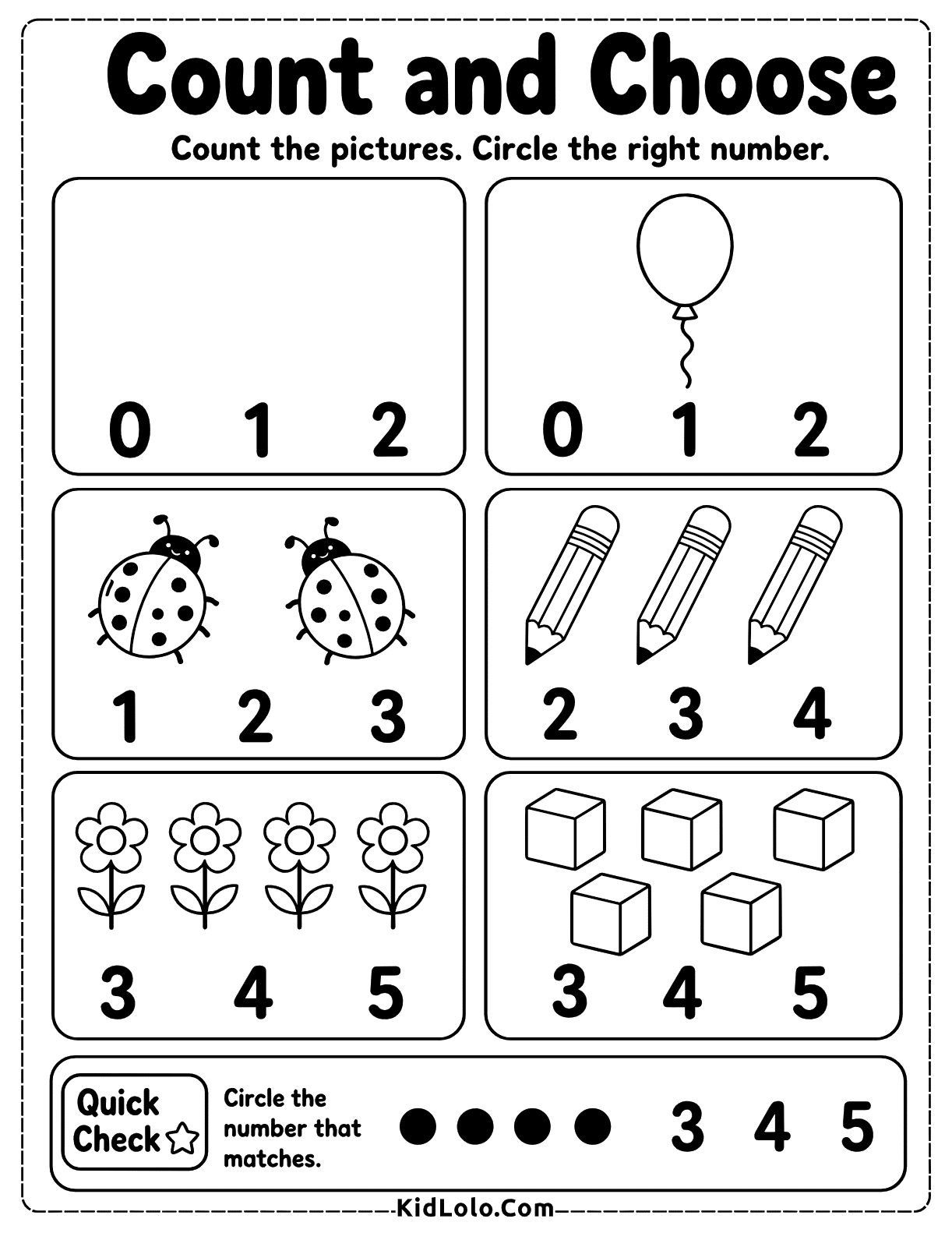 Kindergarten worksheet with picture groups and number choices for each box.
