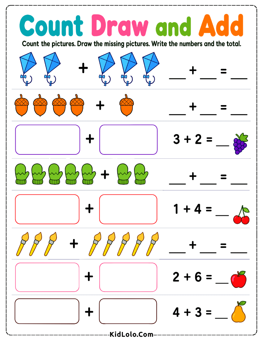 Count, Draw, and Add worksheet with missing pictures and number sums.