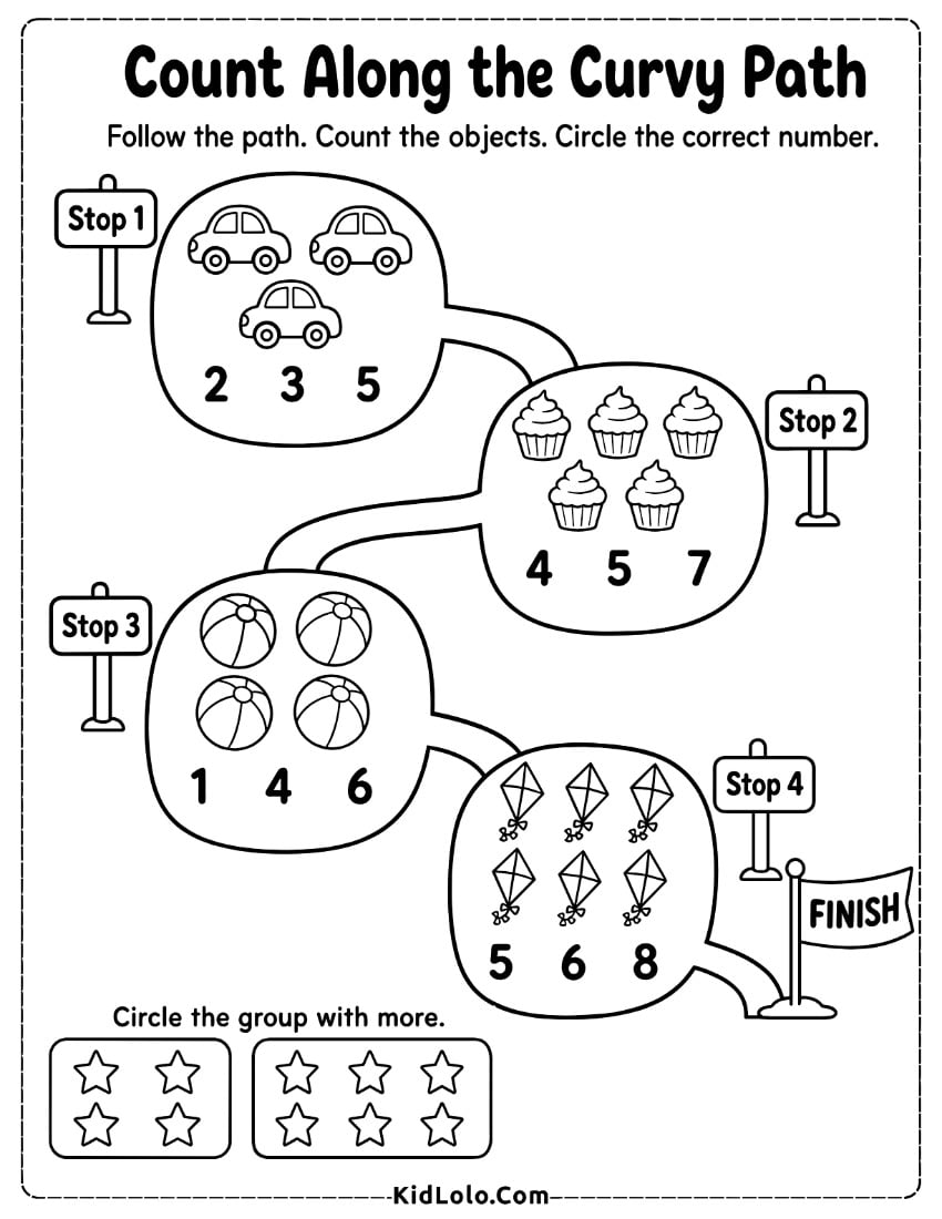 Counting worksheet with path stops, objects, and number choices.