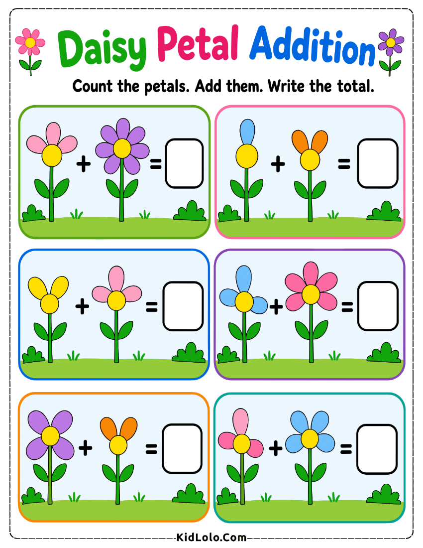Flower petal addition worksheet with daisies and blank answer boxes.