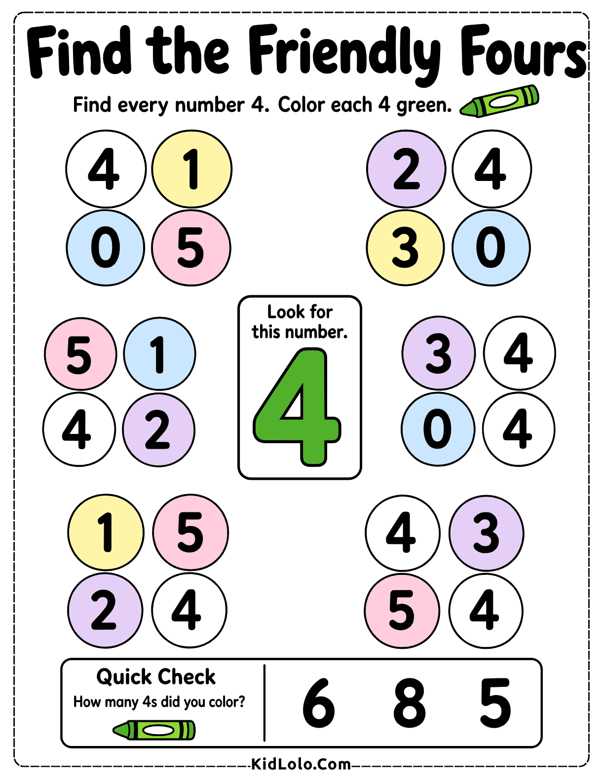 Kindergarten number recognition worksheet for finding and coloring every number 4 green.