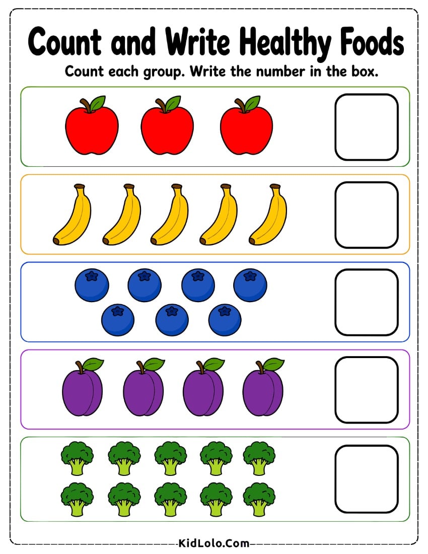 Healthy foods counting worksheet with fruit, broccoli, and answer boxes.