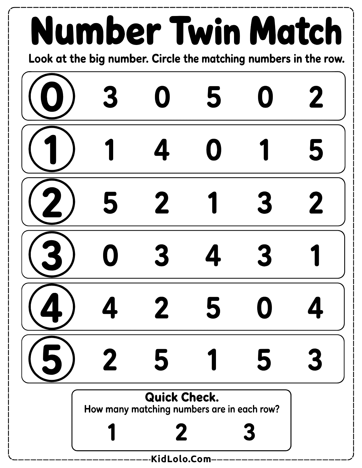 Kindergarten number recognition worksheet for circling matching digits in rows for numbers 0 to 5.