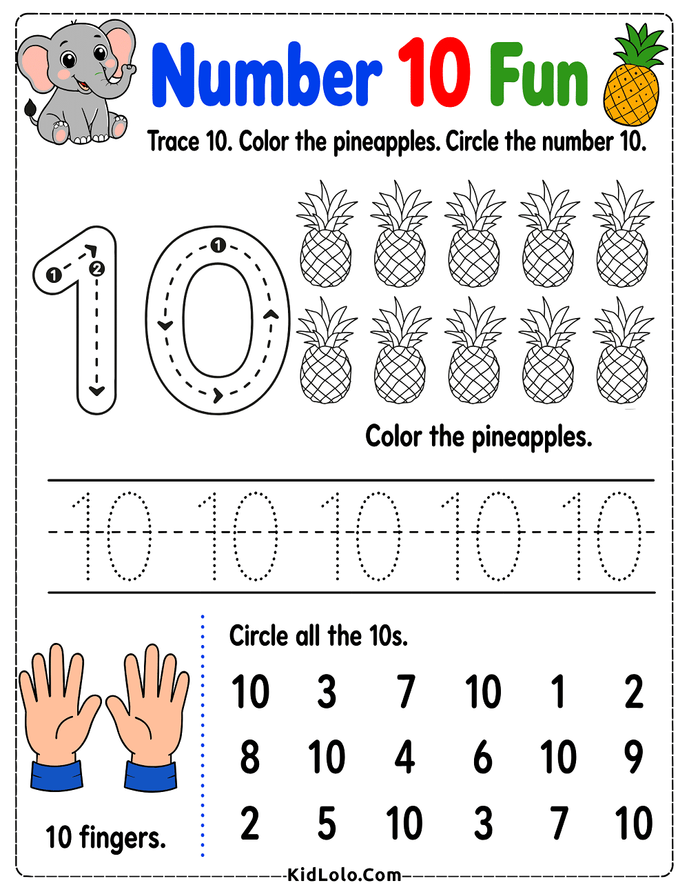 Number 10 tracing worksheet with pineapples, finger counting, and number recognition.