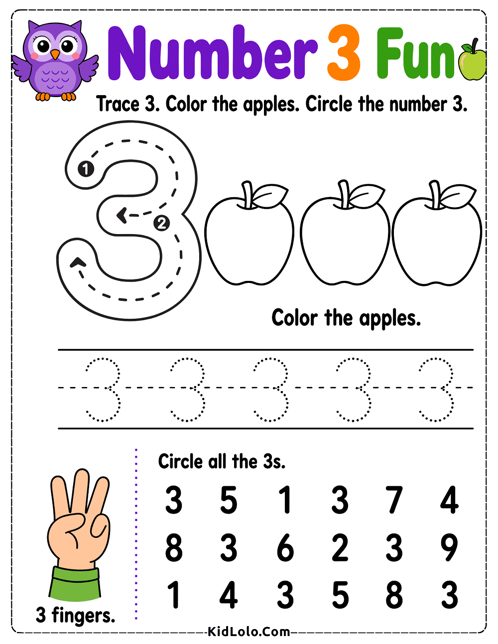 Number 3 tracing worksheet with apples, finger counting, and digit recognition.