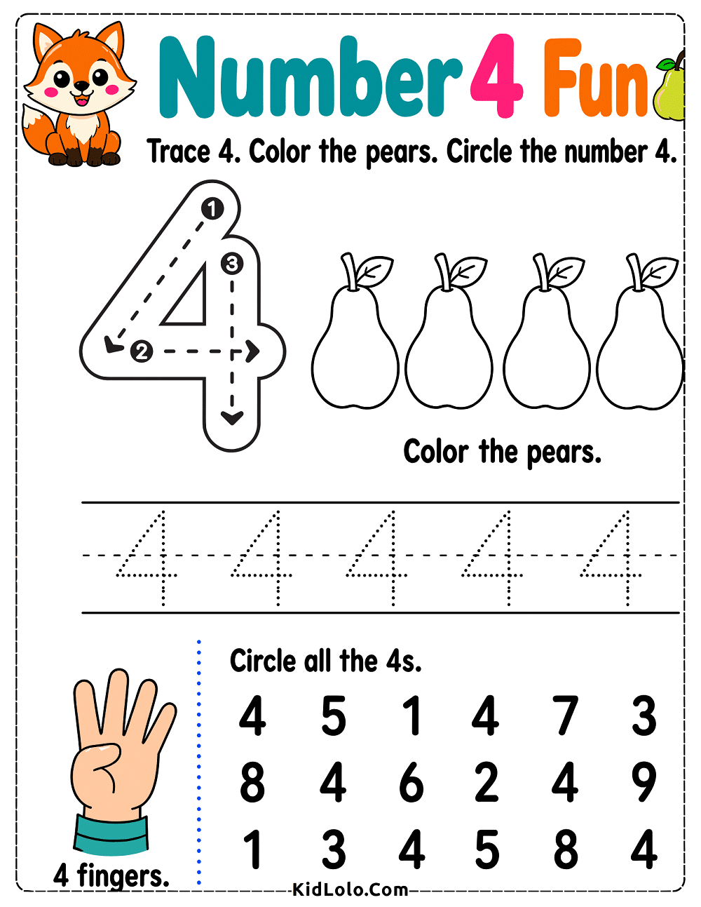 Number 4 tracing worksheet with pears, finger counting, and number recognition.