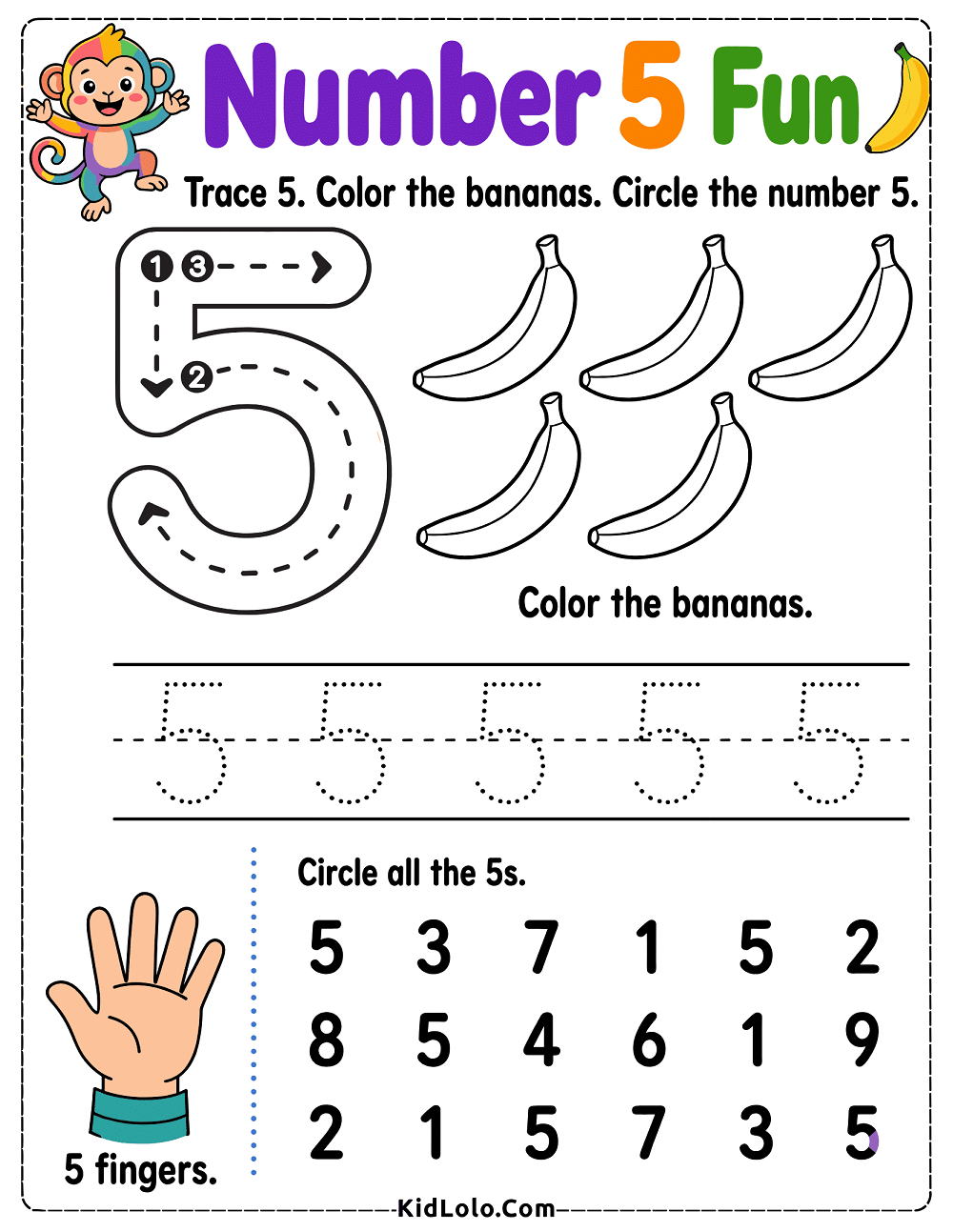 Number 5 tracing worksheet with bananas, finger counting, and digit recognition.