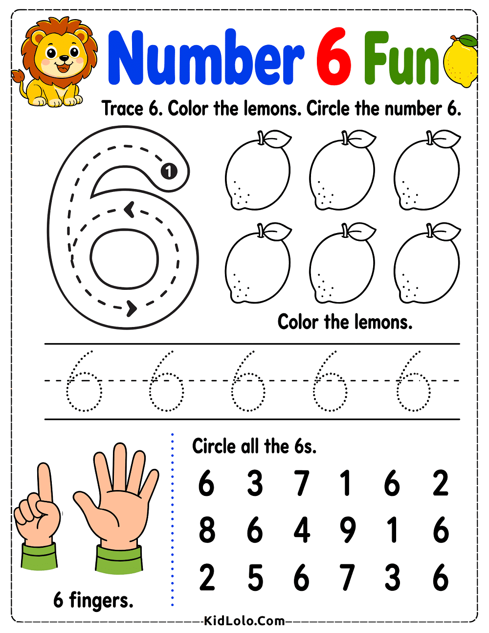 Number 6 tracing worksheet with lemons, finger counting, and number recognition.