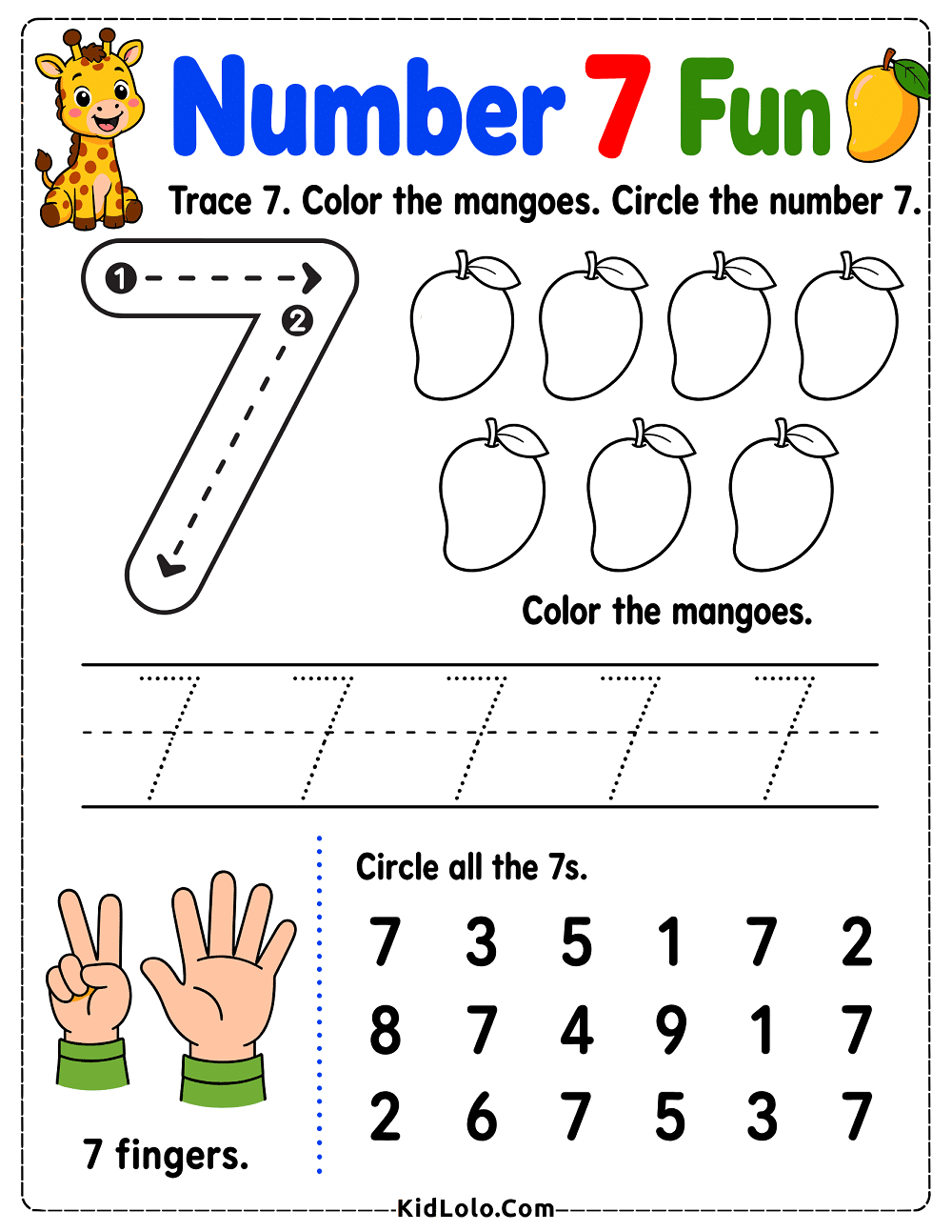 Number 7 tracing worksheet with mangoes, finger counting, and digit recognition.