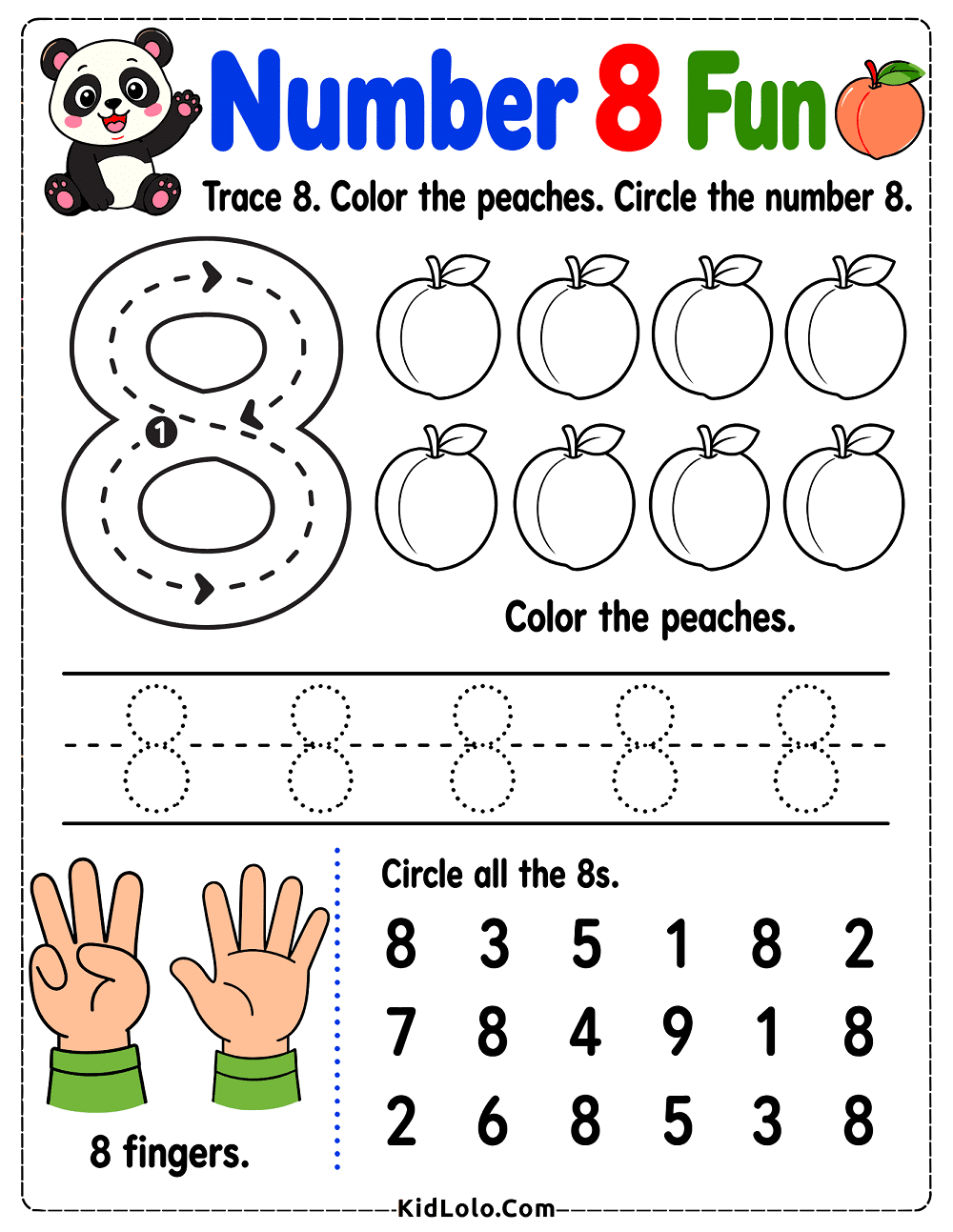 Number 8 tracing worksheet with peaches, finger counting, and number recognition.