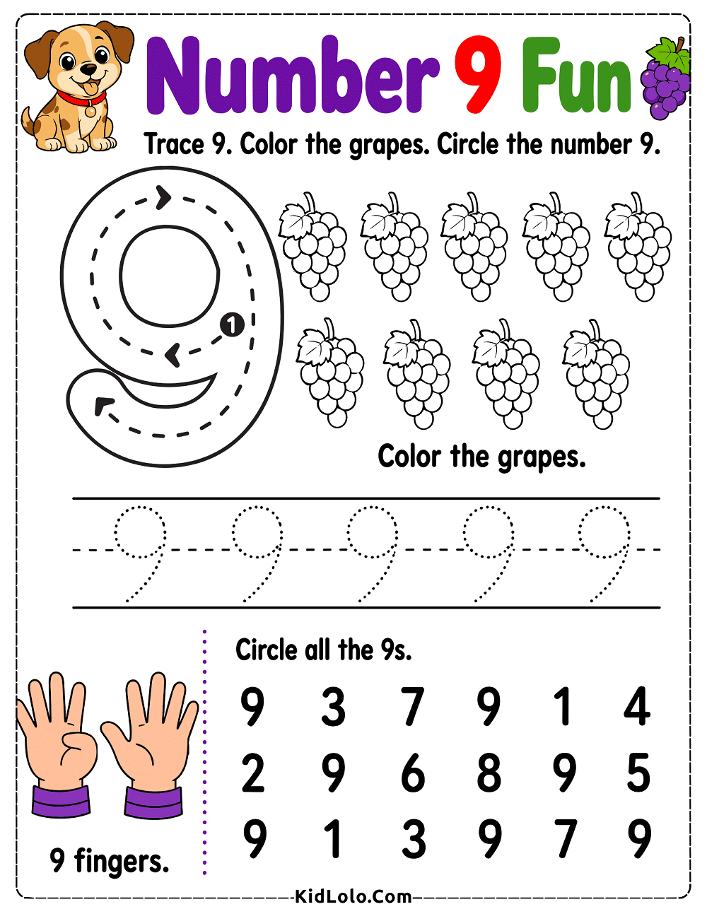 Number 9 tracing worksheet with grapes, finger counting, and digit recognition.