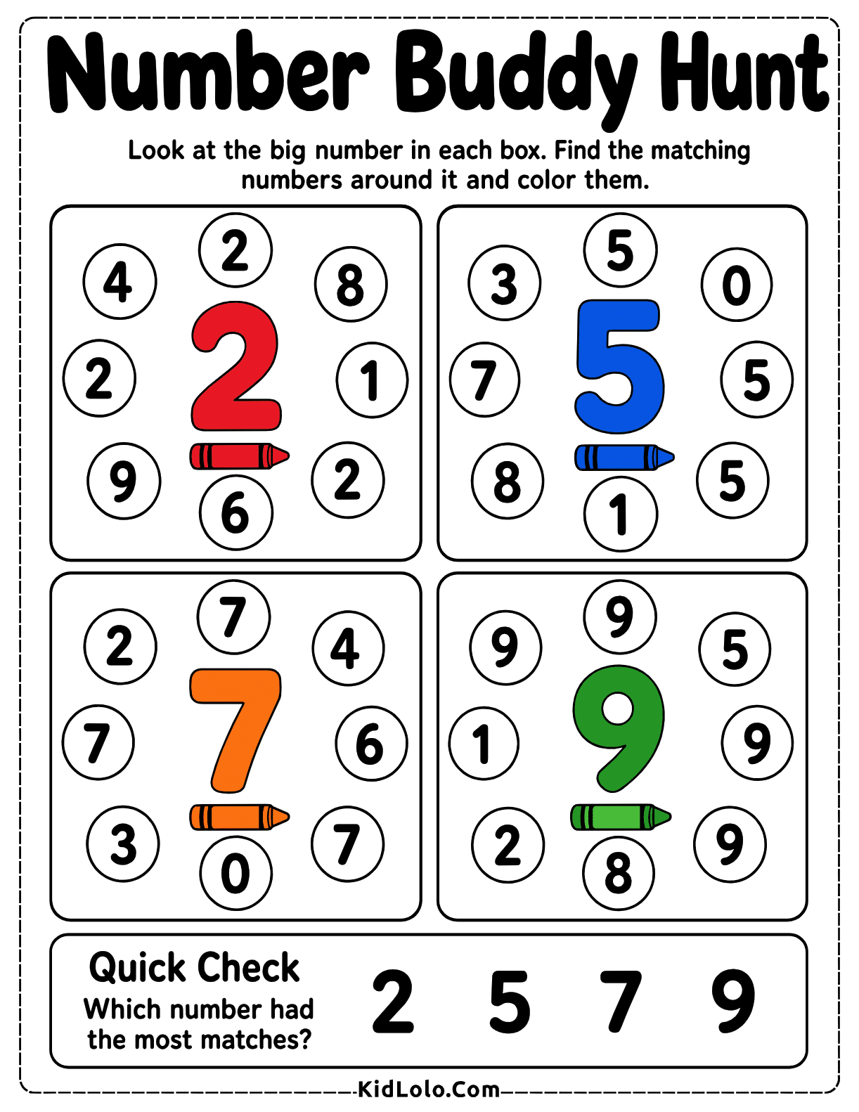 Kindergarten worksheet for finding matching numbers around large digits 2, 5, 7, and 9.