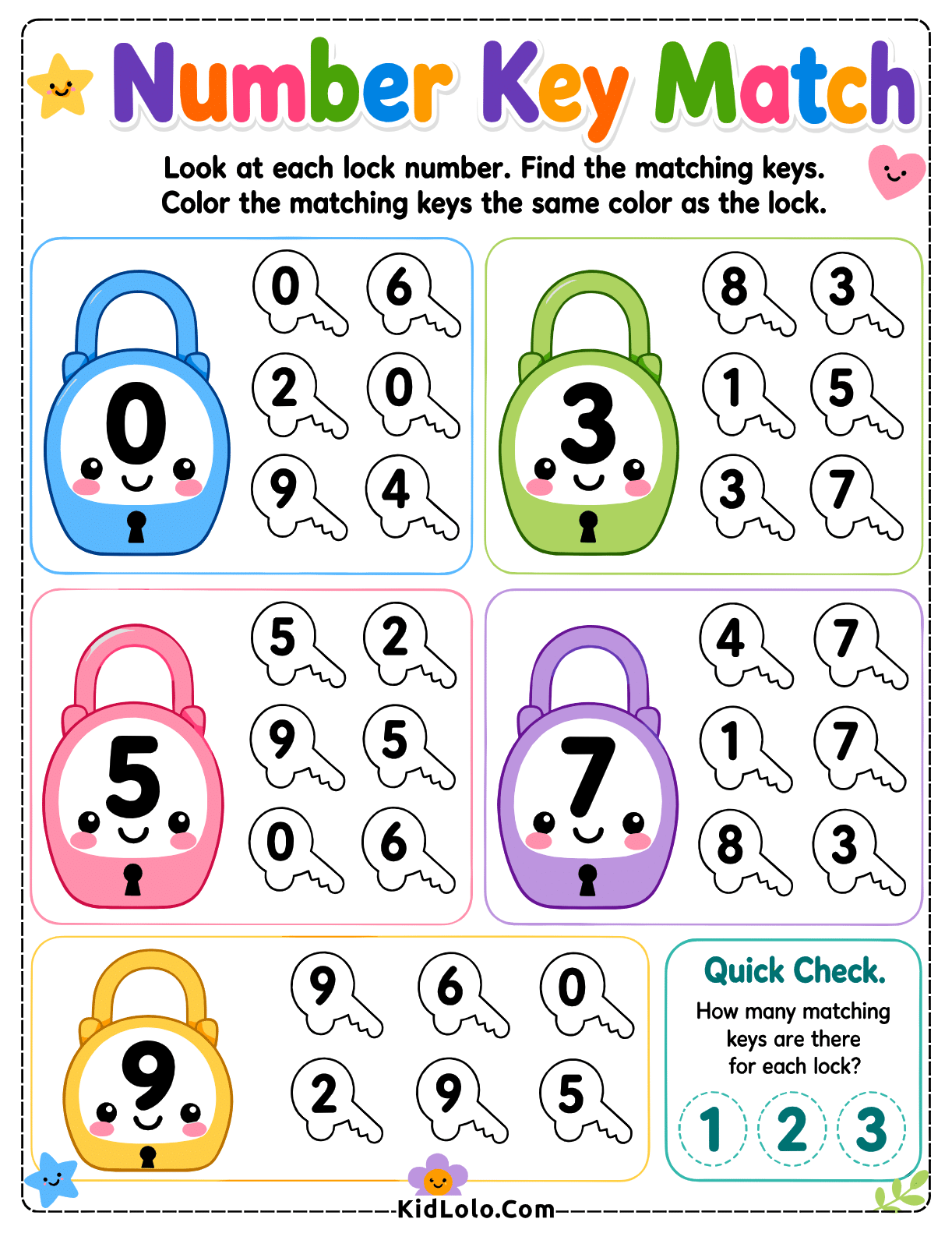 Kindergarten number recognition worksheet with locks and keys for matching numbers 0, 3, 5, 7, and 9.