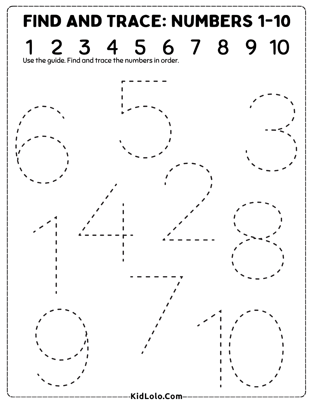 Kindergarten number tracing worksheet for finding and tracing numbers 1 to 10 in order.