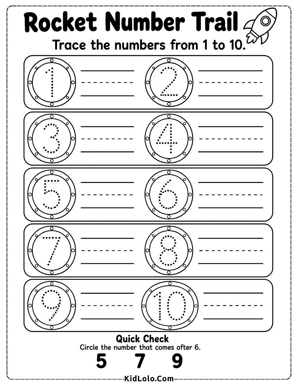Rocket-themed number tracing worksheet with numbers 1 through 10.