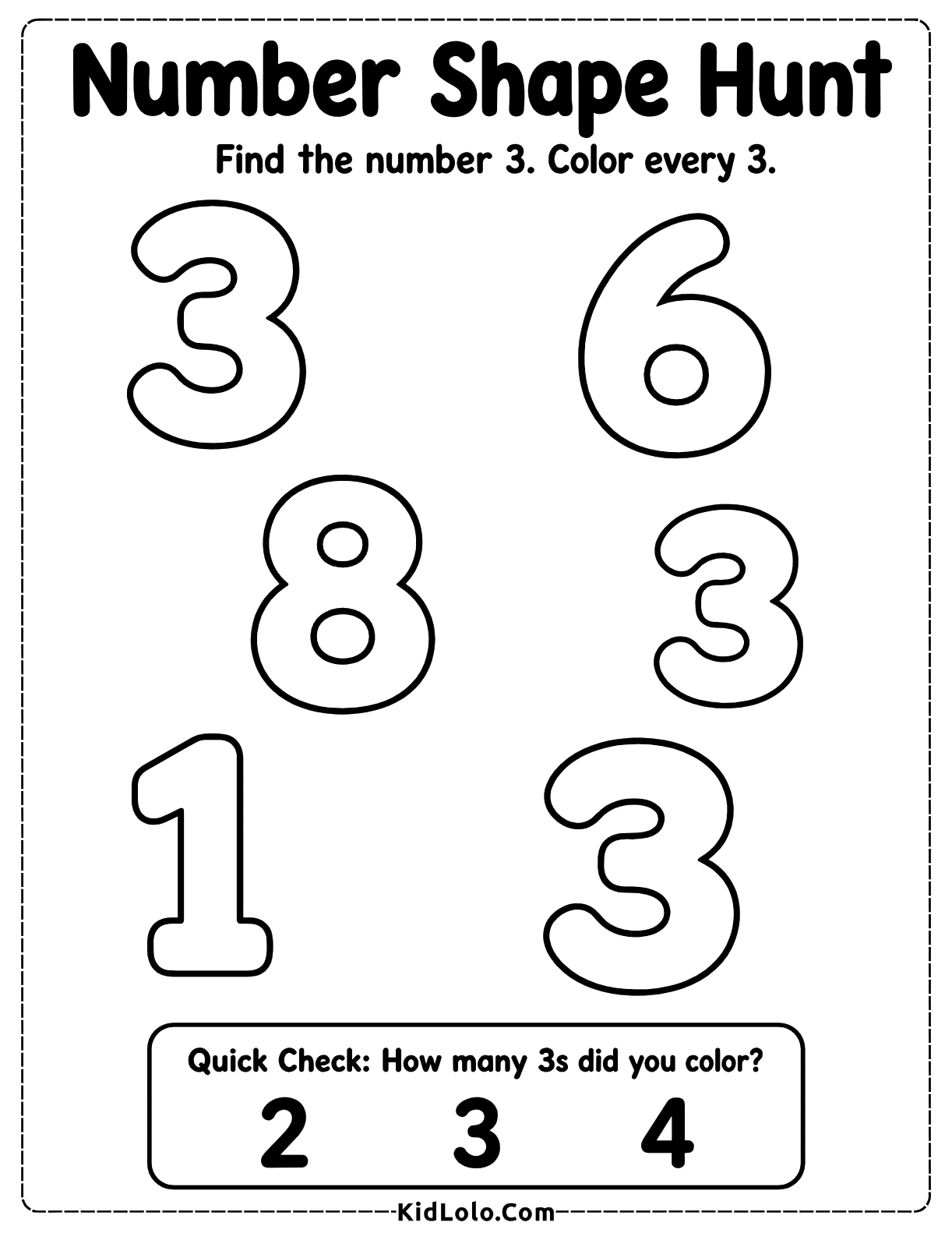 Number recognition worksheet for finding and coloring every number 3 among large outlined digits.