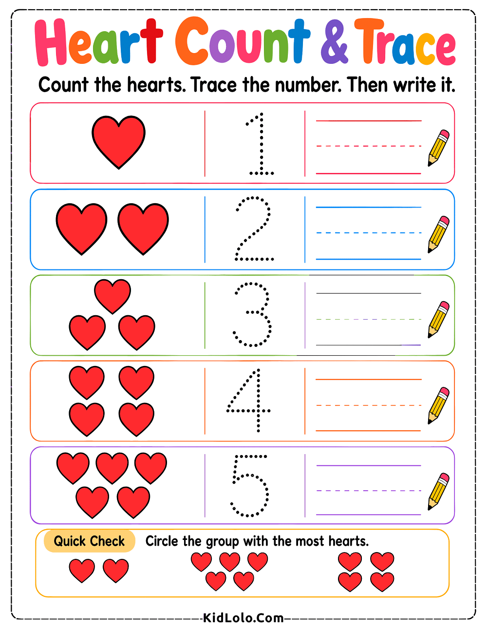 Kindergarten number tracing worksheet with heart groups for practicing numbers 1 to 5.