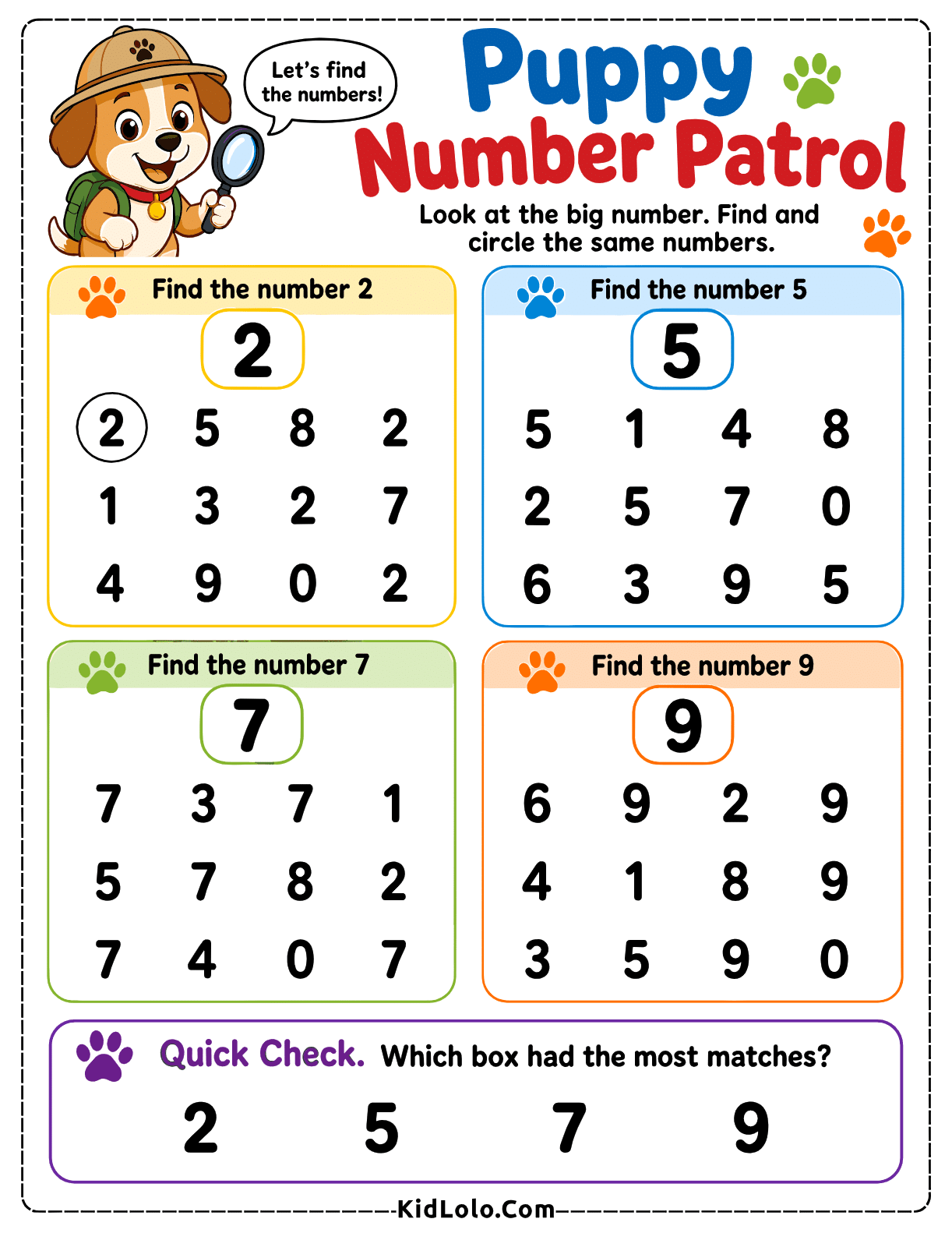 Kindergarten number recognition worksheet for finding and circling numbers 2, 5, 7, and 9.