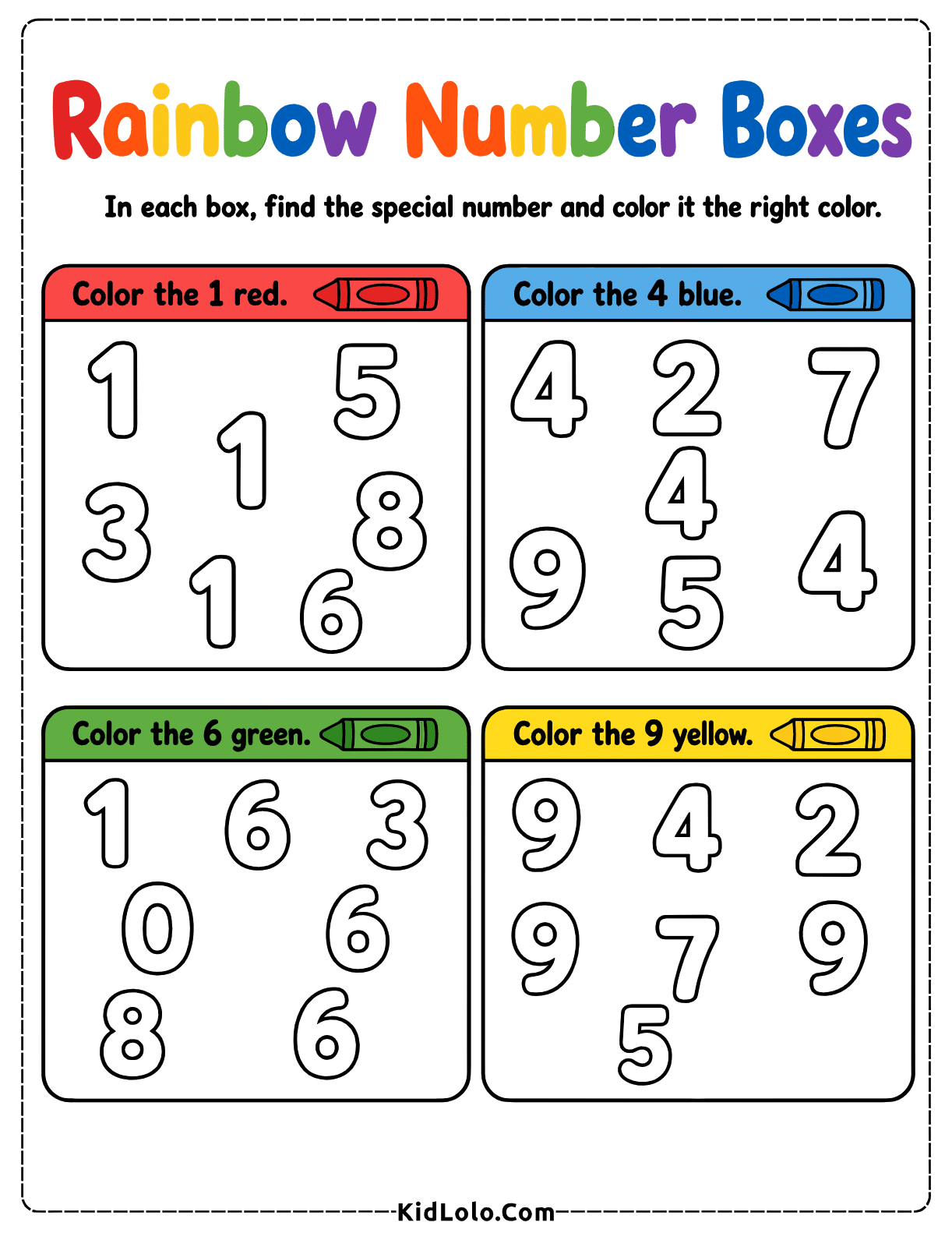 Kindergarten number recognition worksheet for finding and coloring numbers 1, 4, 6, and 9 in separate boxes.