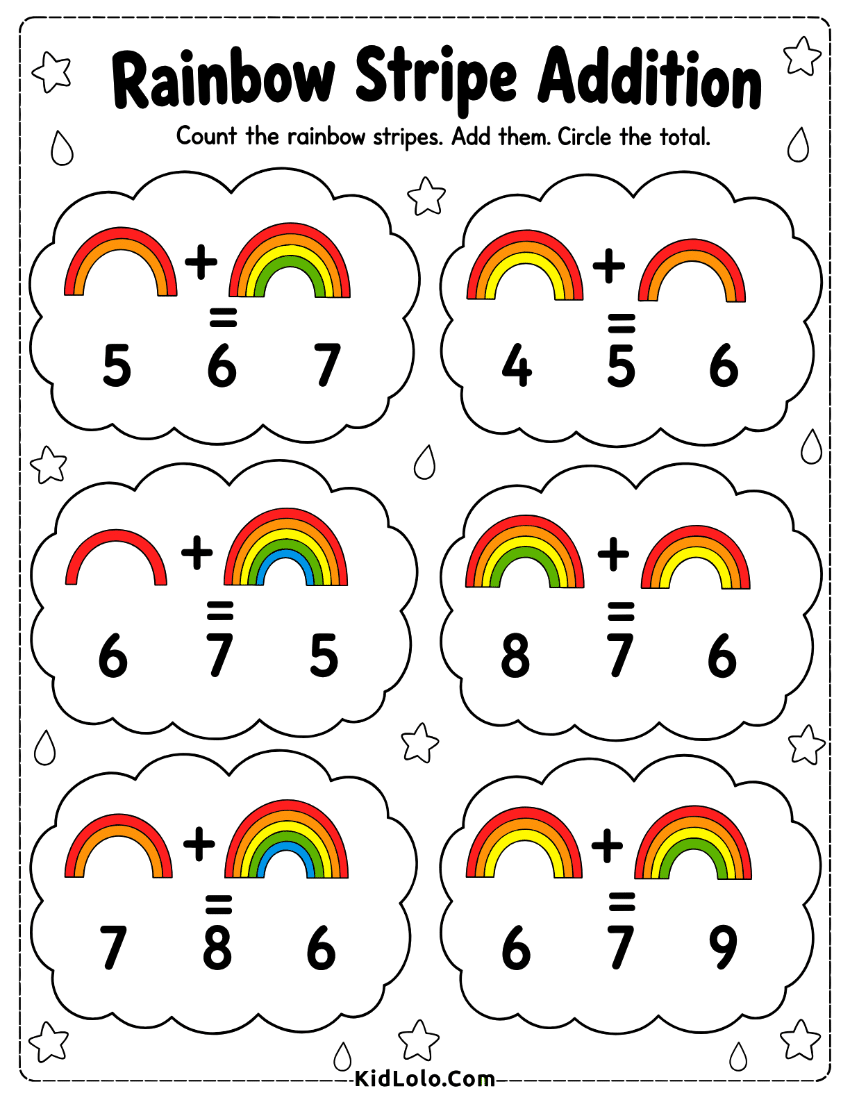 Rainbow stripe addition worksheet with picture sums and multiple choice answers.