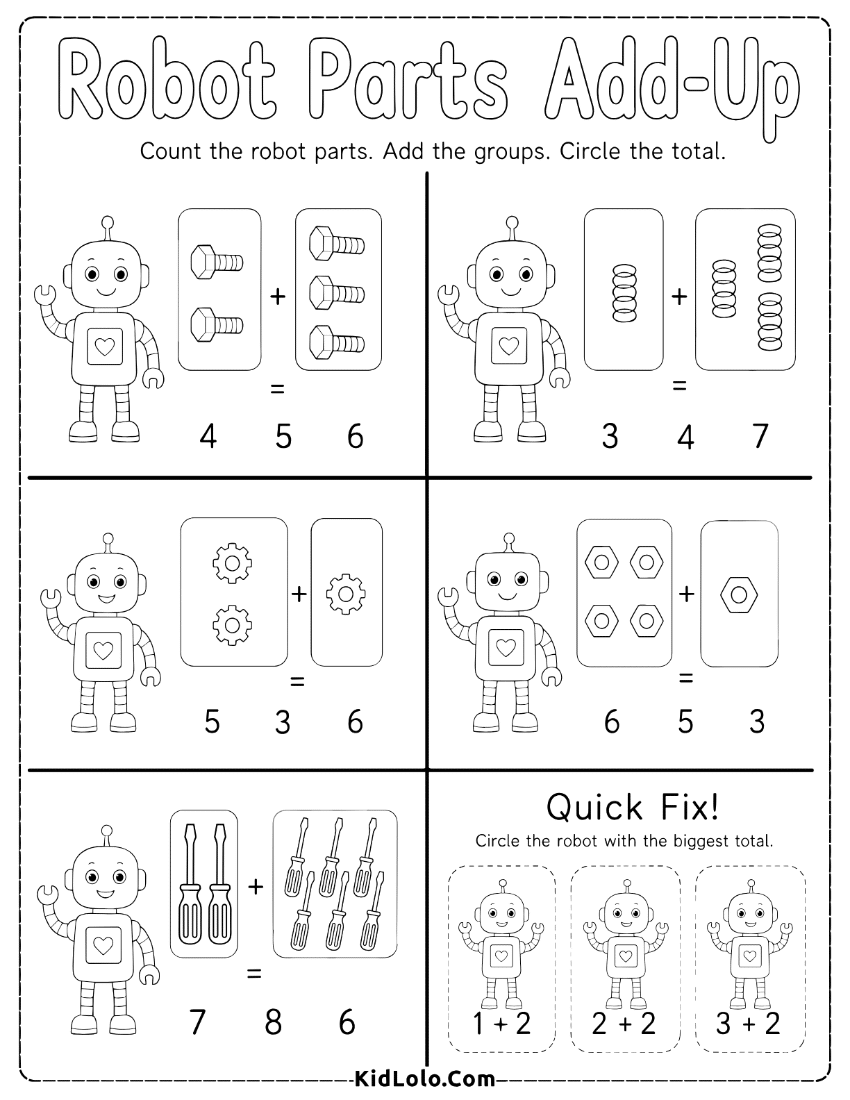Robot parts addition worksheet with object groups and circled answer choices.