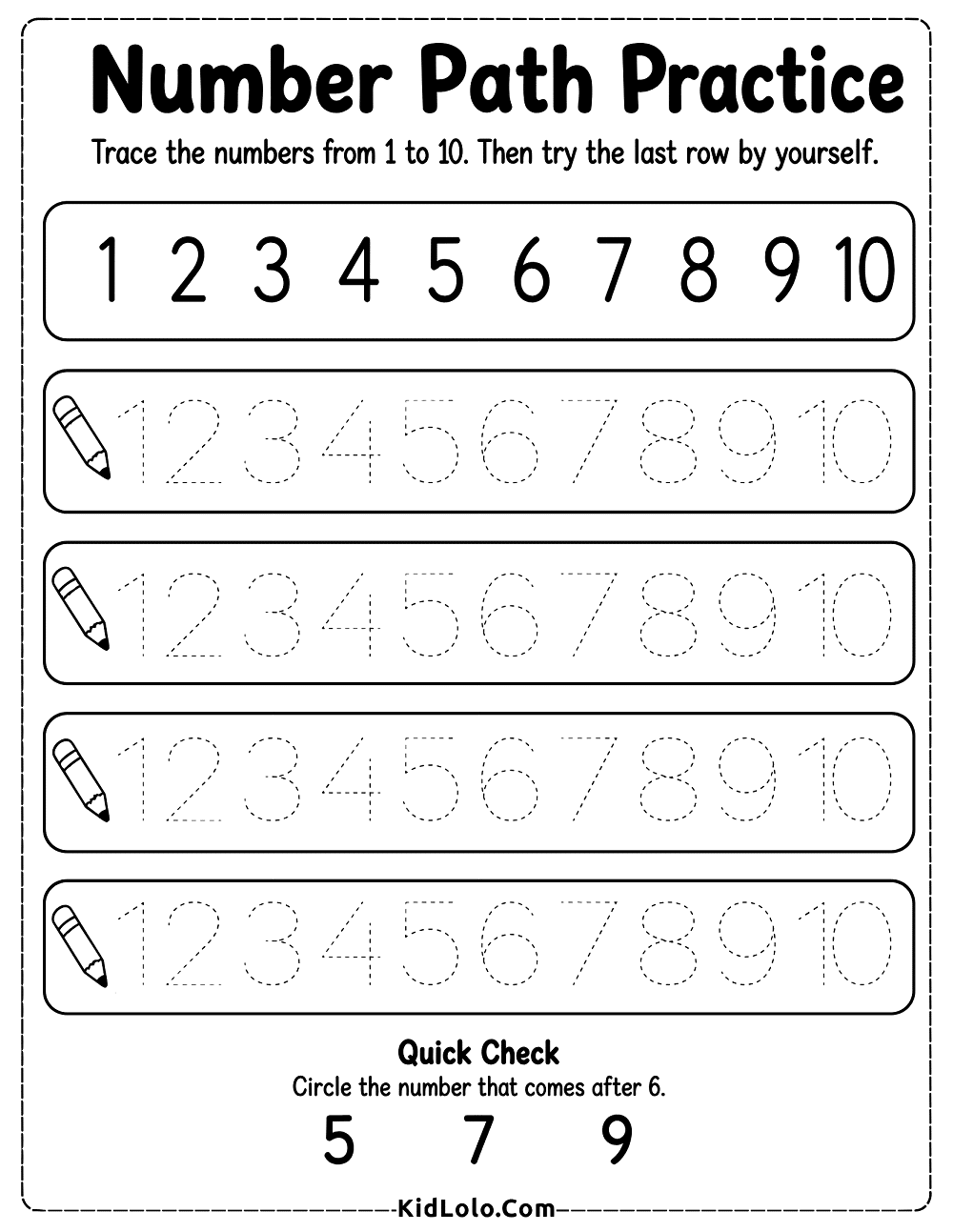 Kindergarten number tracing worksheet for practicing numbers 1 to 10.
