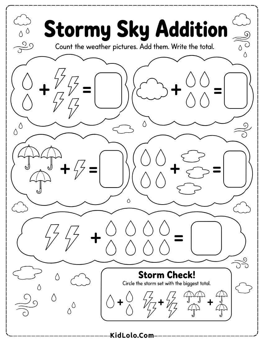 Stormy weather addition worksheet with raindrops, lightning, clouds, and umbrellas.