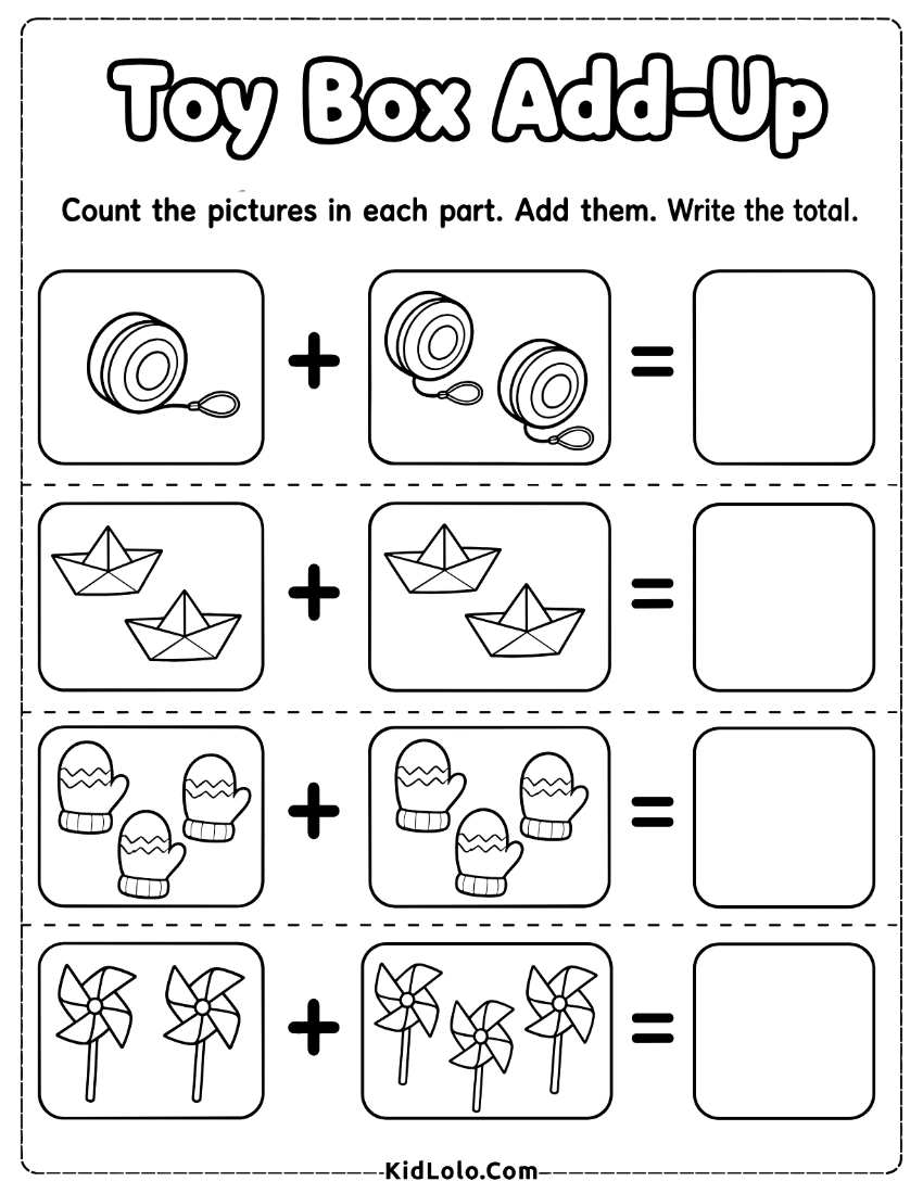Object addition worksheet with toy pictures and answer boxes for sums.
