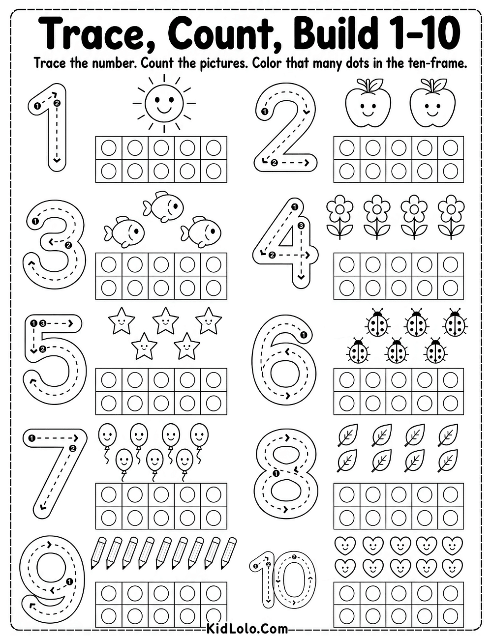 Number Tracing 1-10 Worksheets (Kindergarten & Preschool)