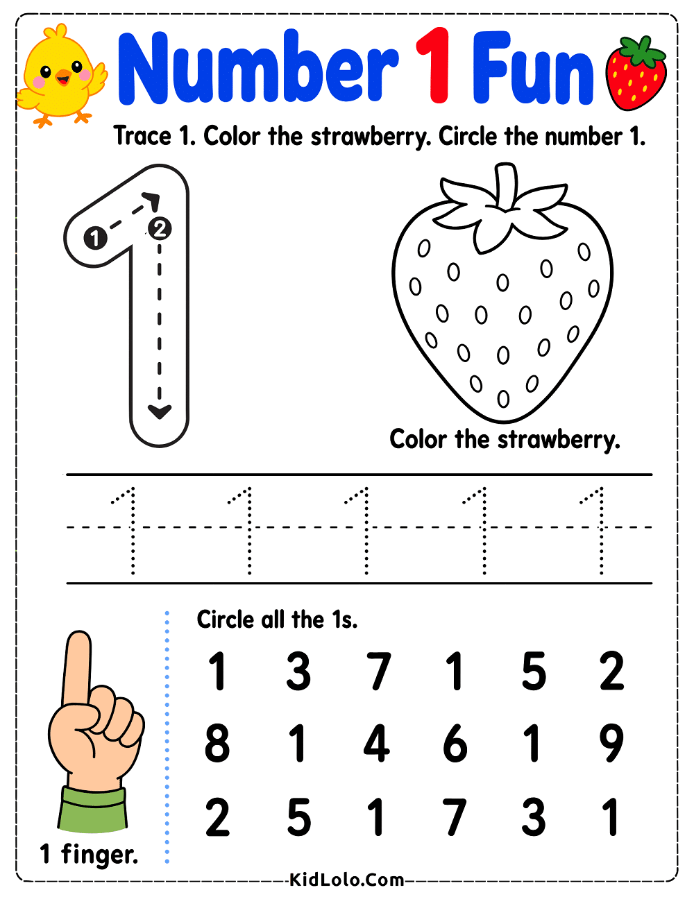 Number 1 tracing worksheet with strawberry coloring and number recognition.