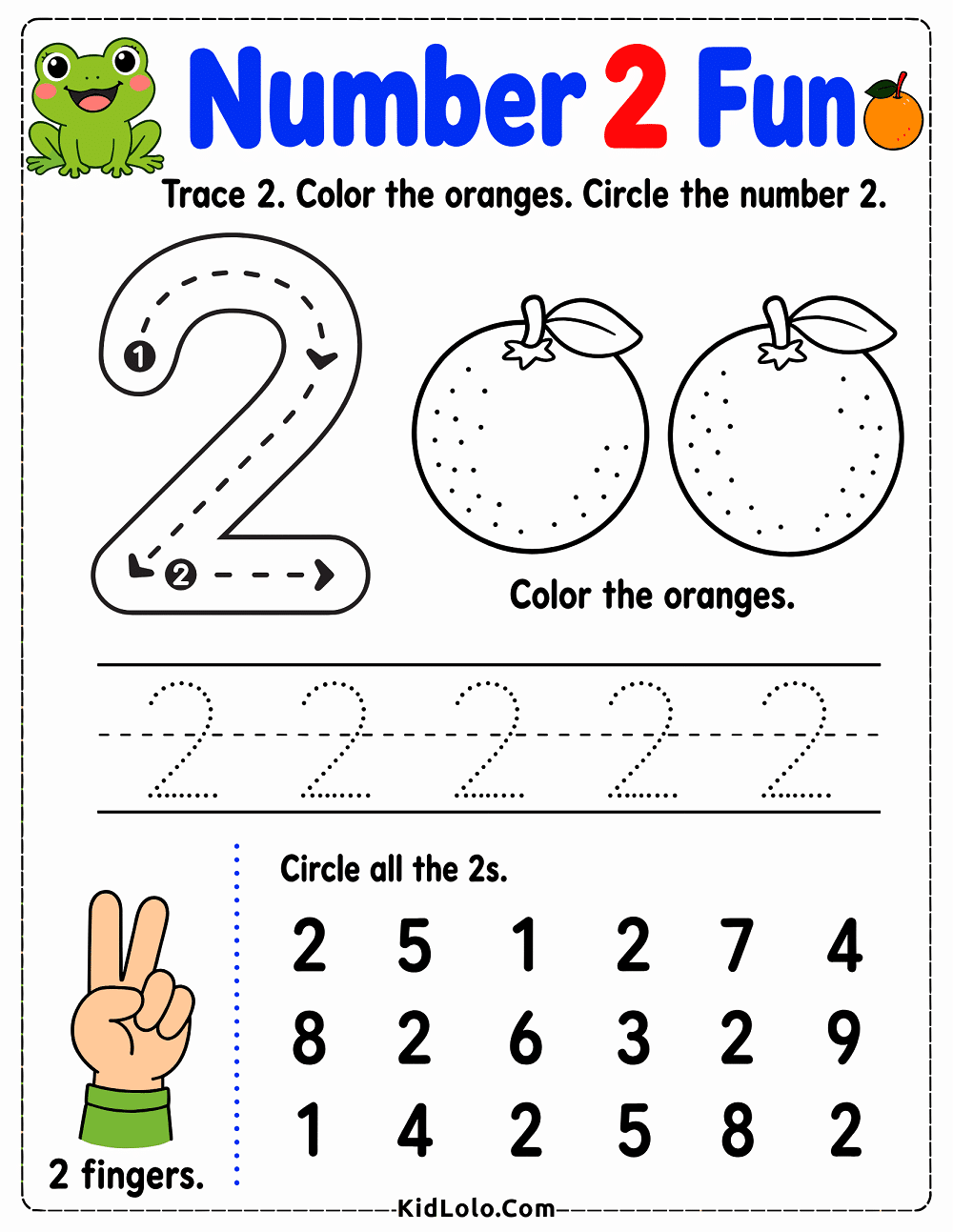 Number 2 tracing worksheet with orange coloring and number recognition.