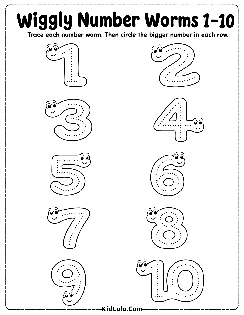 Kindergarten number tracing worksheet with worm-shaped numbers 1 to 10.