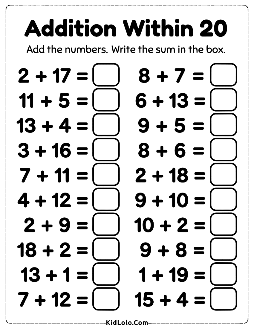 Addition within 20 worksheet with number sentences and answer boxes.