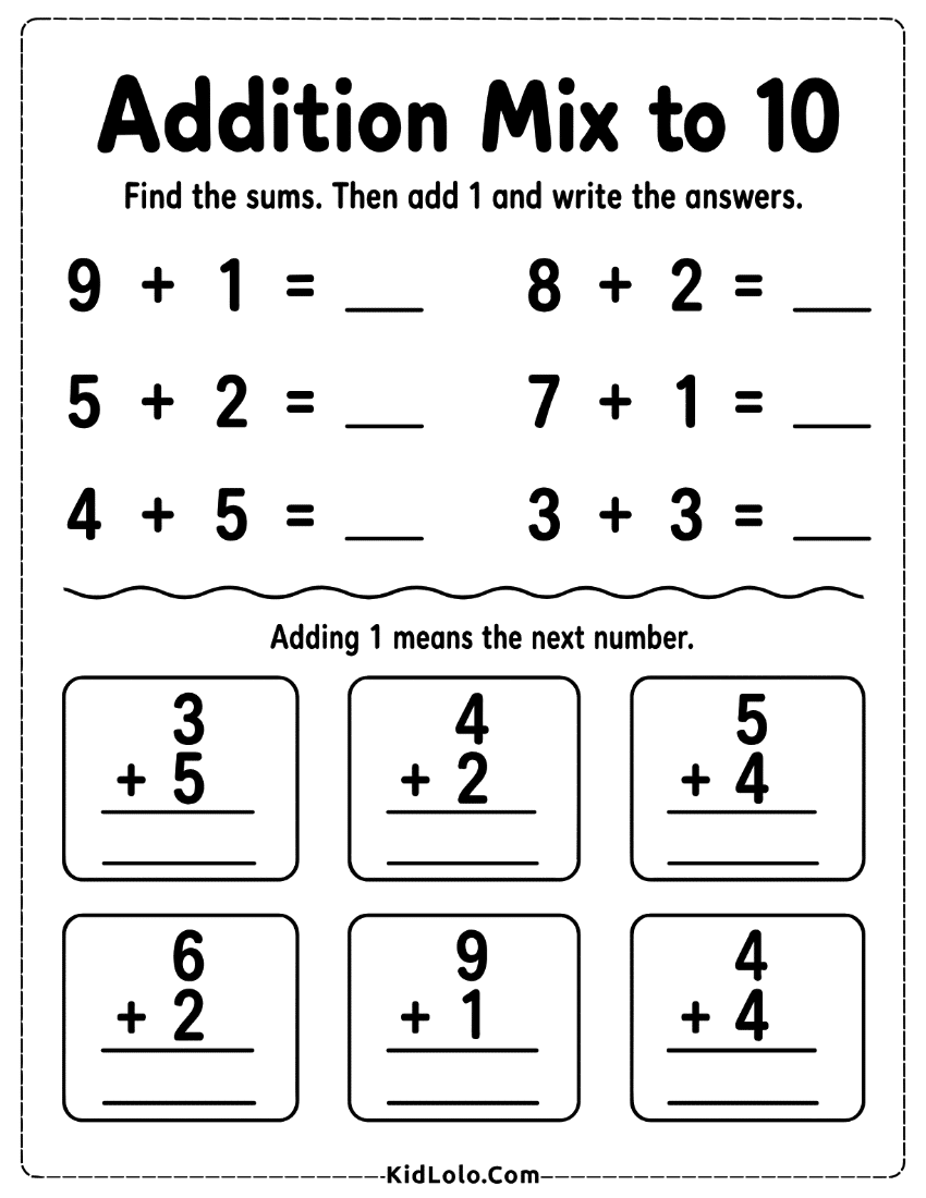 Addition within 10 worksheet with horizontal and vertical math problems.