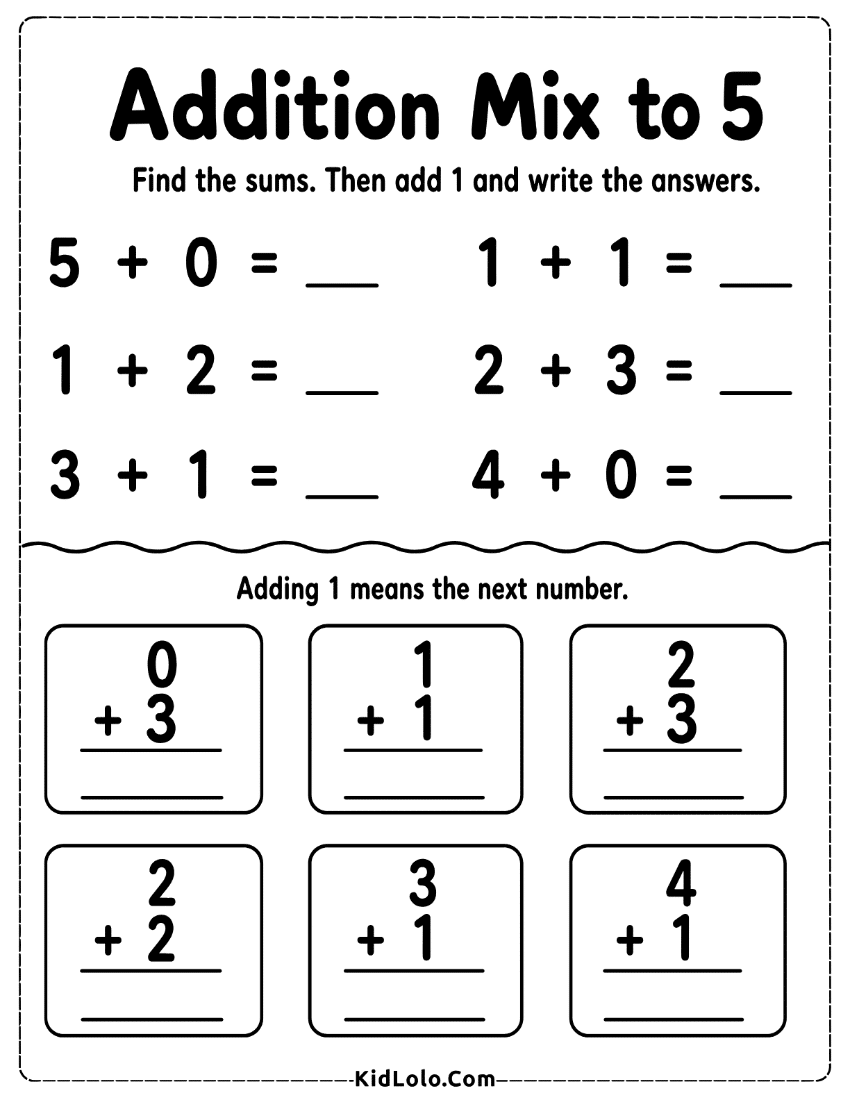 Addition within 5 worksheet with horizontal and vertical number problems.