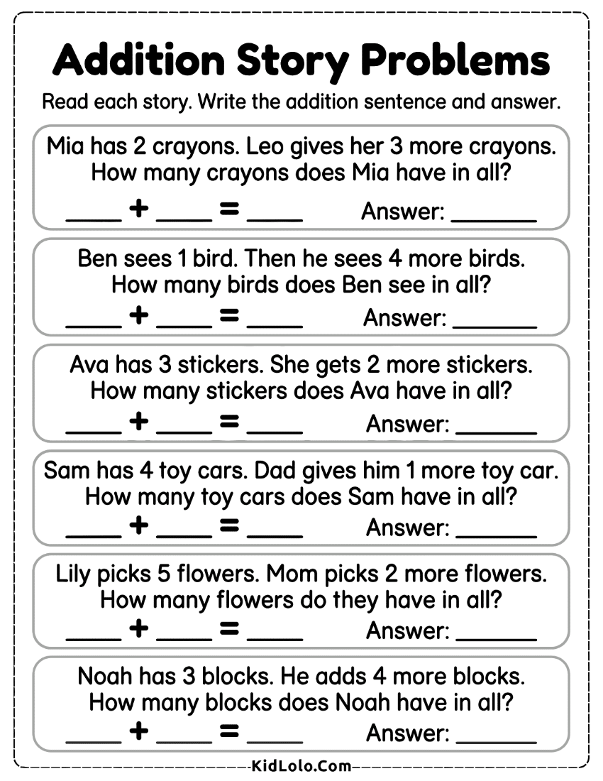 Kindergarten addition word problems worksheet with short stories and answer lines.
